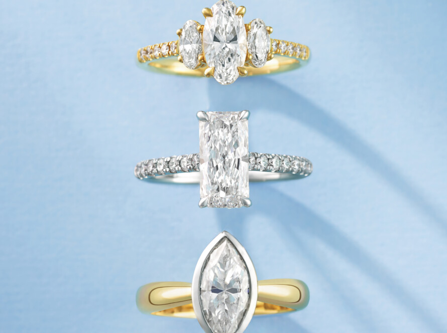 Three diamond rings in different styles and settings